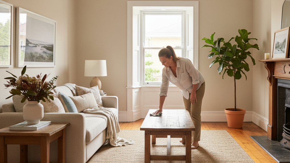 A cleaner is dusting a coffee table in the lounge room of a federation style home