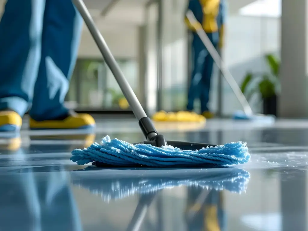 A blue mop cleaning a polished floor in a commercial space. A cleaners feet, in yellow boots, are visible in the background.