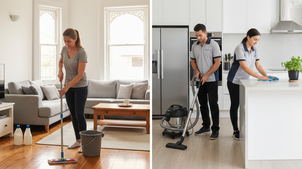 A split view image with an independent cleaner on the left mopping a floor, and two company cleaners on the right