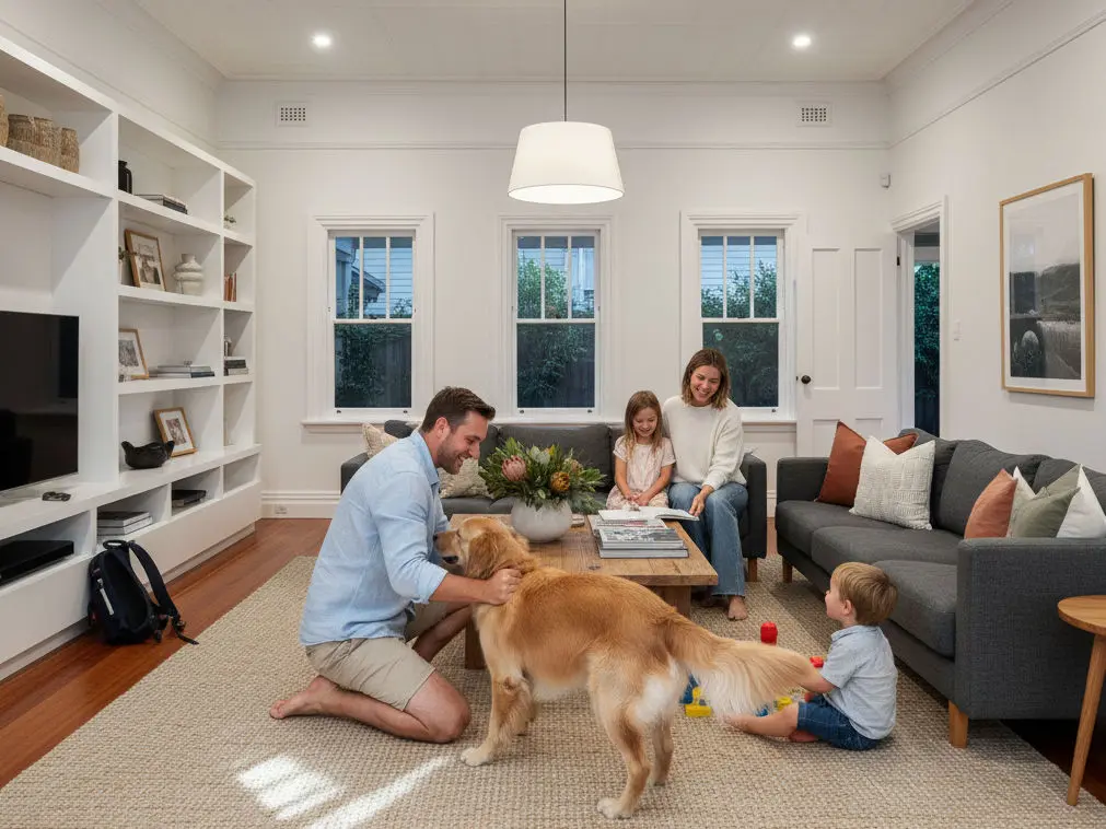 A young family at home in their freshly cleaned renovated federation style home.