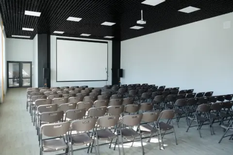 Rows of chairs arranged for a presentation